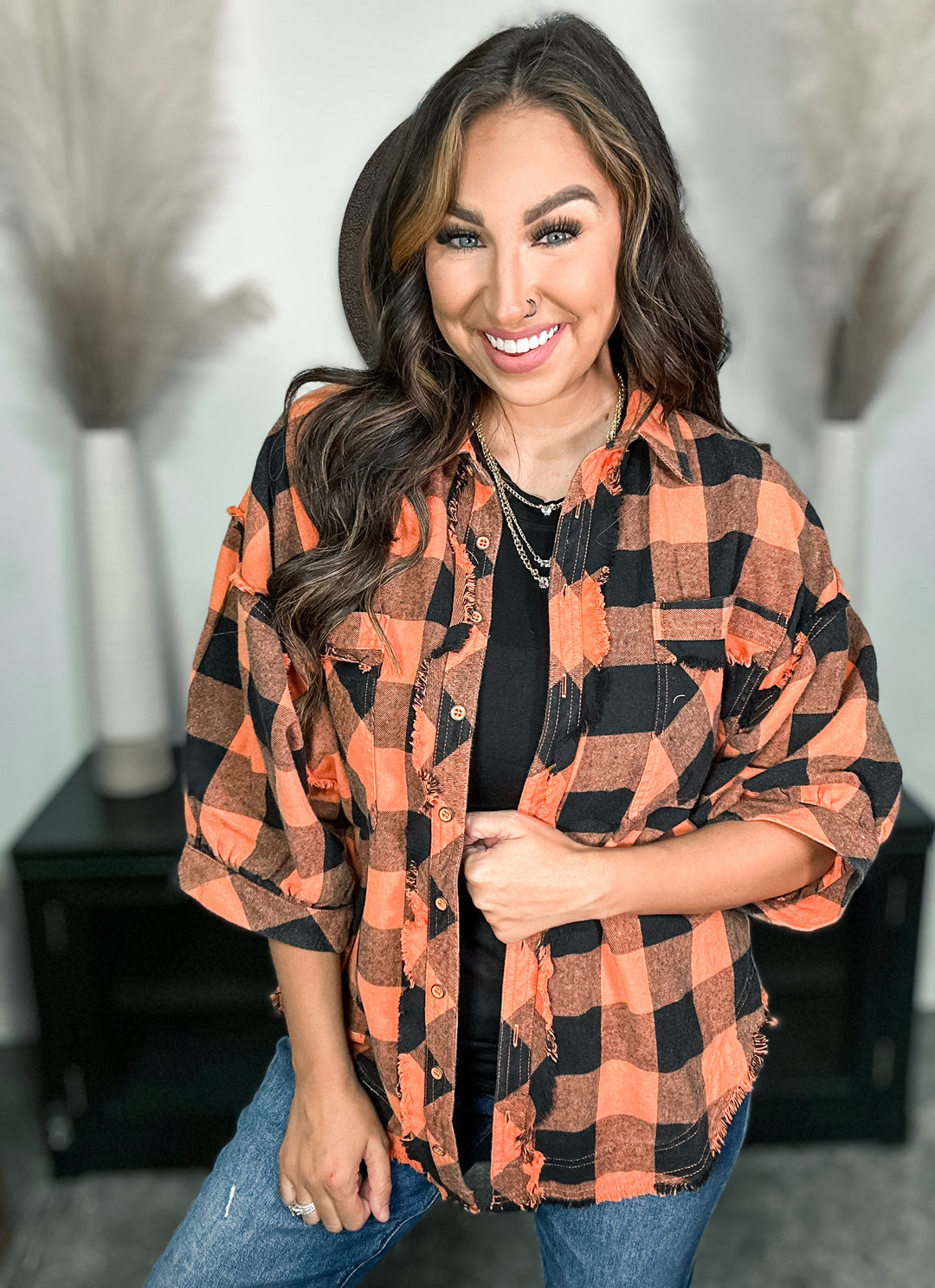 Rust &amp; Black Puff Sleeve Flannel