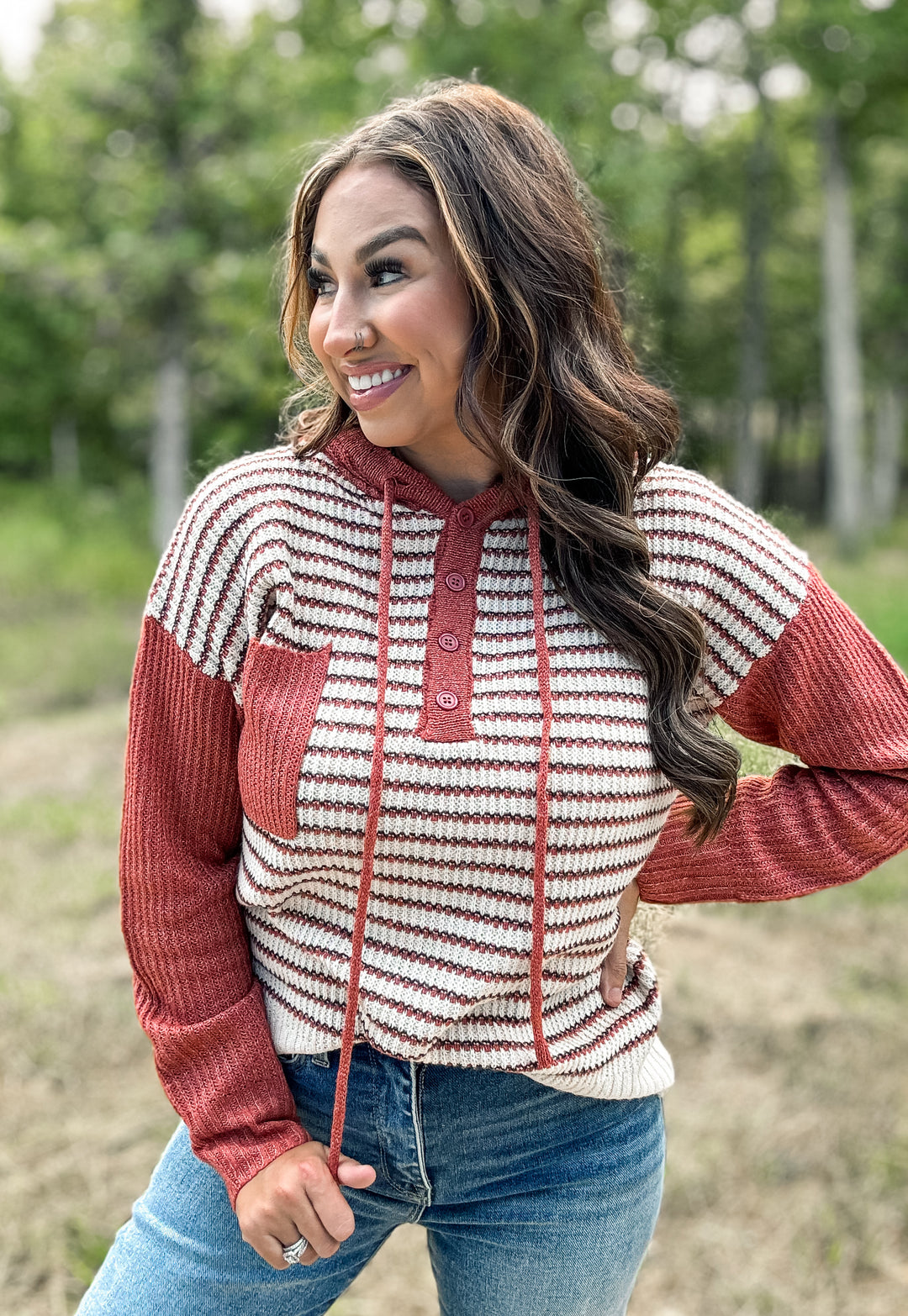 Rust Striped Hooded Pullover