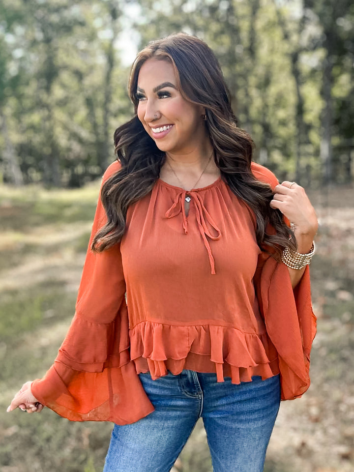 Burnt Orange Hi Low Ruffles Blouse