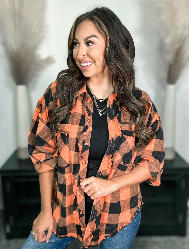 Rust &amp; Black Puff Sleeve Flannel