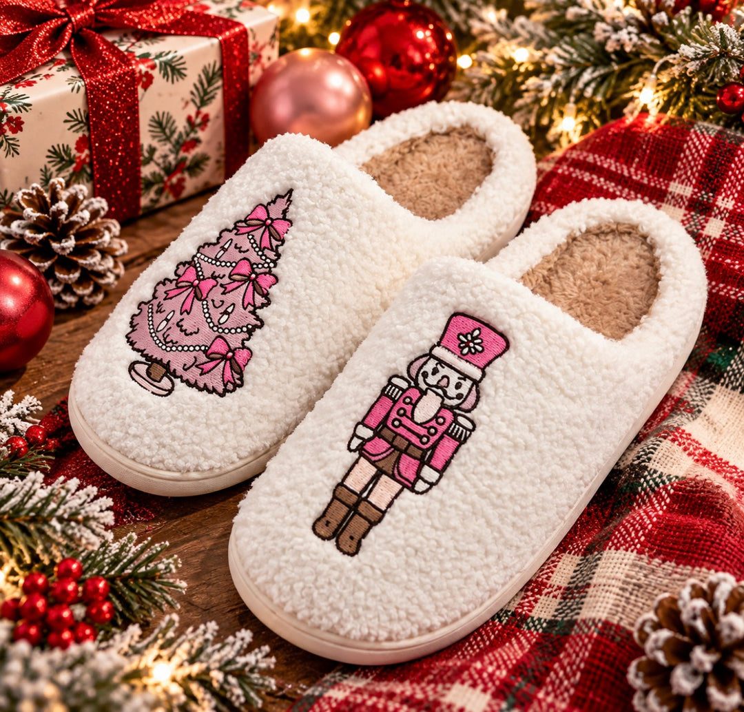 Pink Nutcracker &amp; Holiday Tree Slippers