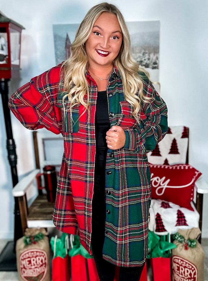Split Green &amp; Red Plaid Long Flannel Shacket