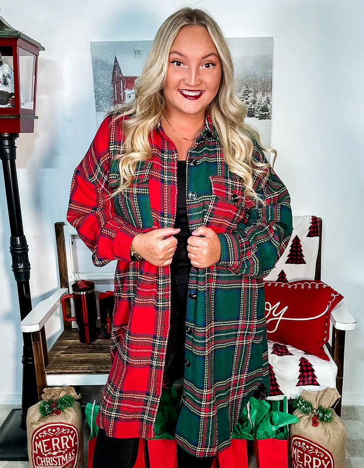 Split Green &amp; Red Plaid Long Flannel Shacket